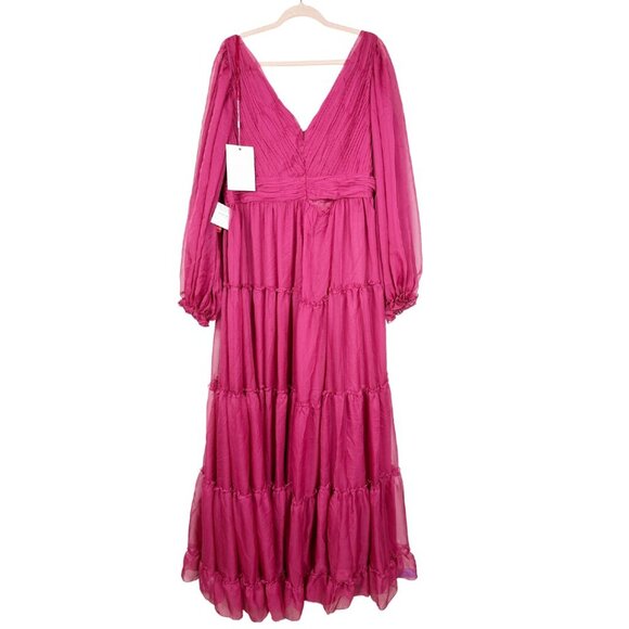 FLAWED - NWT Mac Duggal Ruffle Tiered Puff Sleeve A Line Gown 18 Berry #8247 - Picture 11 of 16